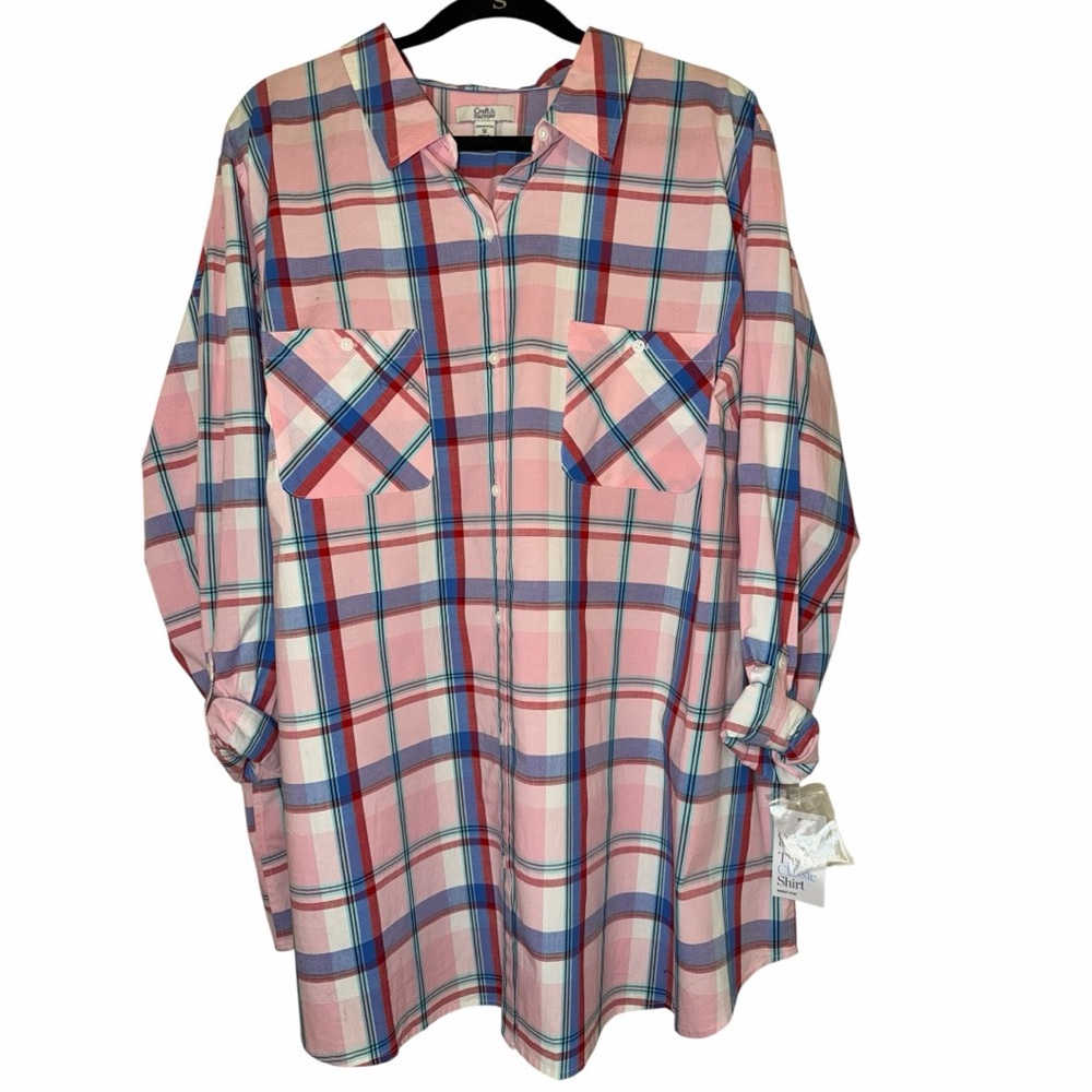 Croft & Barrow NWT Women’s Pink Plaid Button-Down Shirt with Blue & Red Stripes